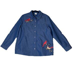 Blair Large Blue Denim Embroidered‎ Button Top Cardinals Birds Pockets Roll Tab